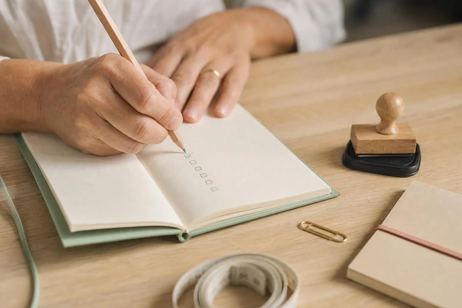 Gros plan sur la main d’une femme cochant au crayon une liste manuscrite sur un carnet à couverture vert amande posé sur une table claire