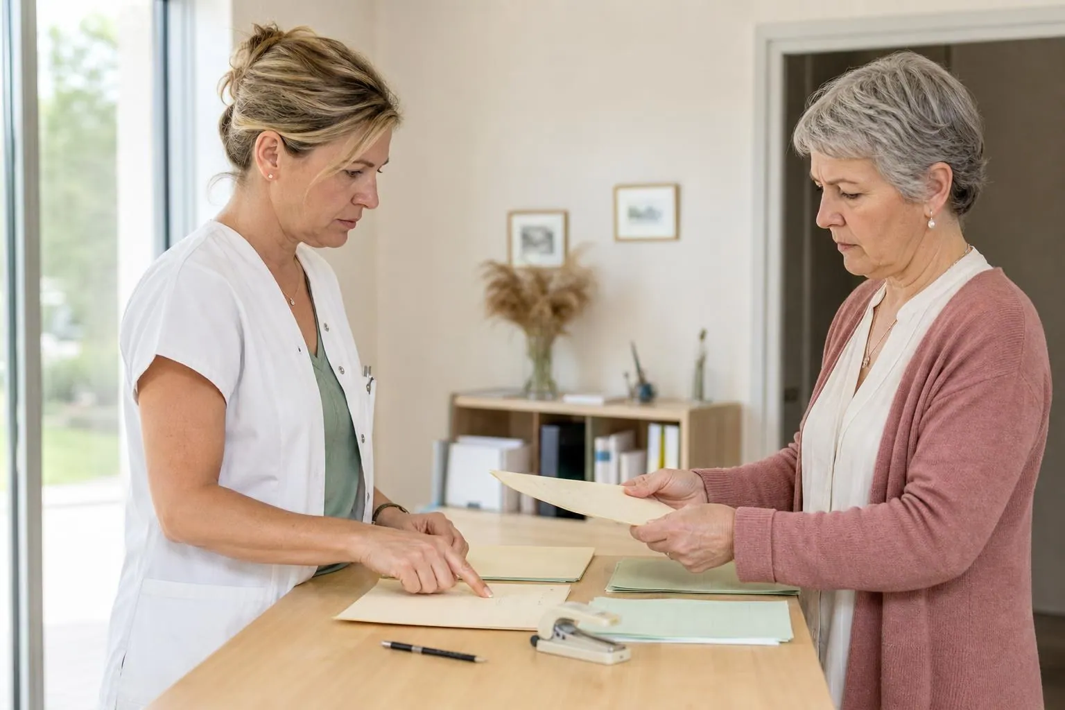 Deux sages-femmes debout de part et d’autre d’une table haute comparent deux jeux de fiches cartonnées dans une salle claire