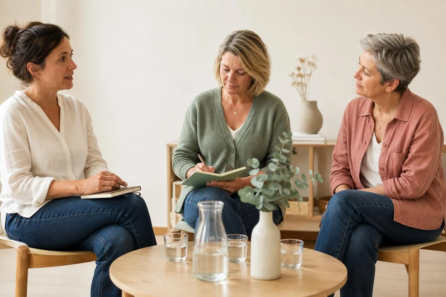Trois sages-femmes de quarante à soixante ans assises en demi cercle avec des carnets dans une salle claire de maison de santé