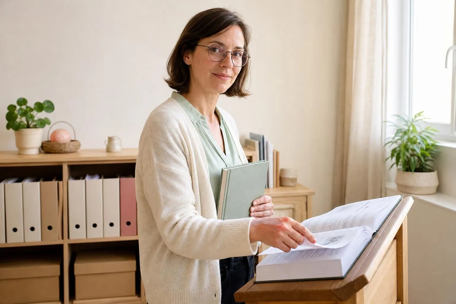 Sage-femme d’une quarantaine d’années debout devant une étagère de bois clair, consultant un ouvrage professionnel relié ouvert sur un pupitre