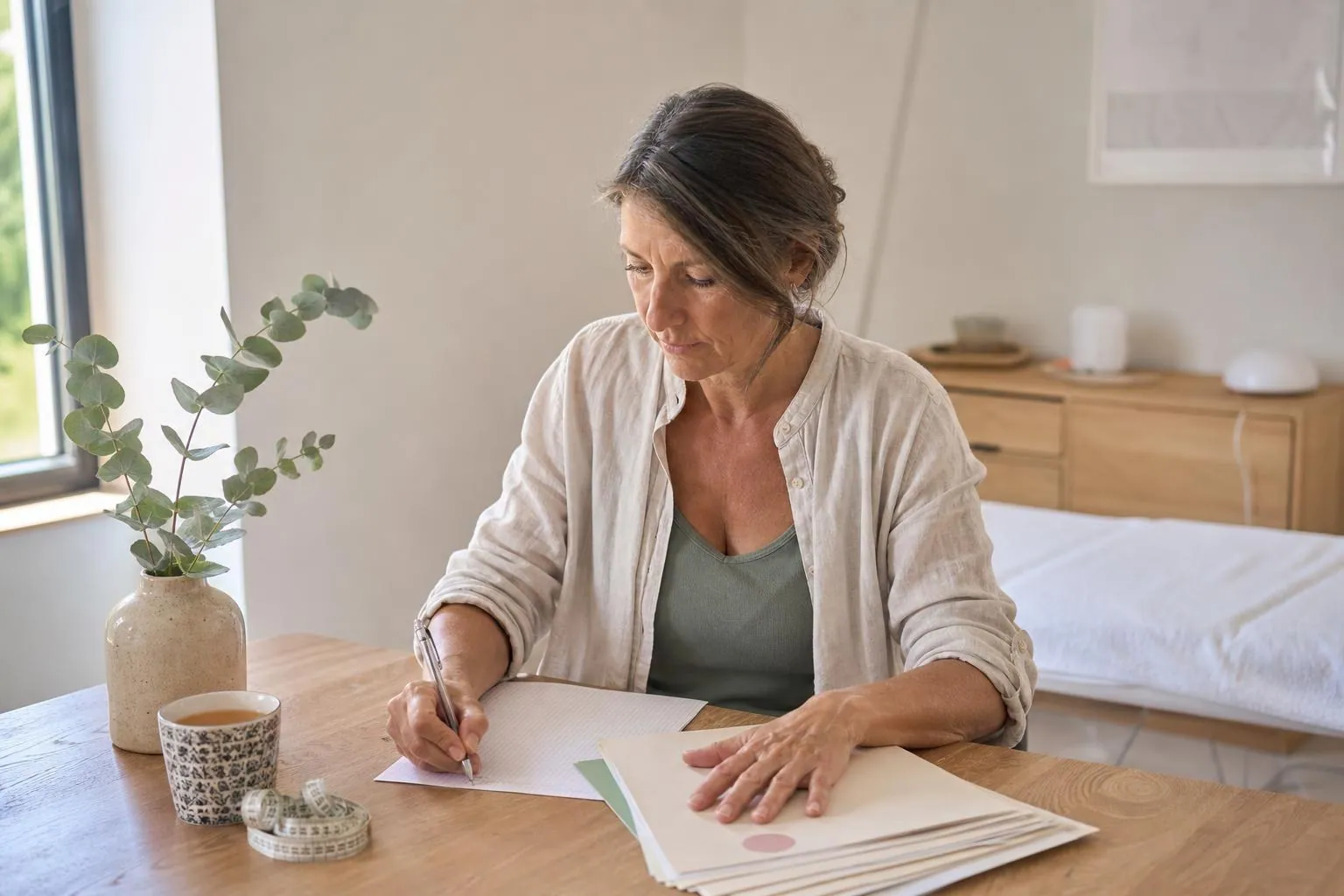 Sage-femme libérale d’une cinquantaine d’années assise à sa table de travail, écrivant à la main sur une feuille posée près de fiches cartonnées crème