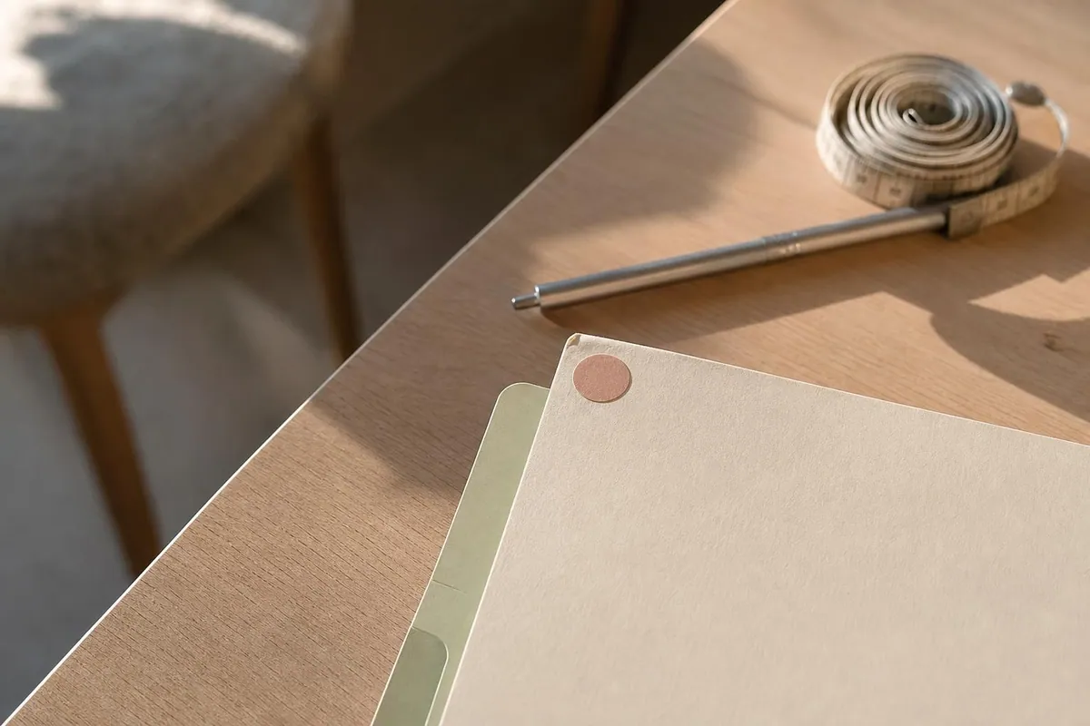 Gros plan d’une fiche cartonnée crème posée sur une table de bois clair, avec un intercalaire vert amande, un mètre ruban souple et un stylo fin