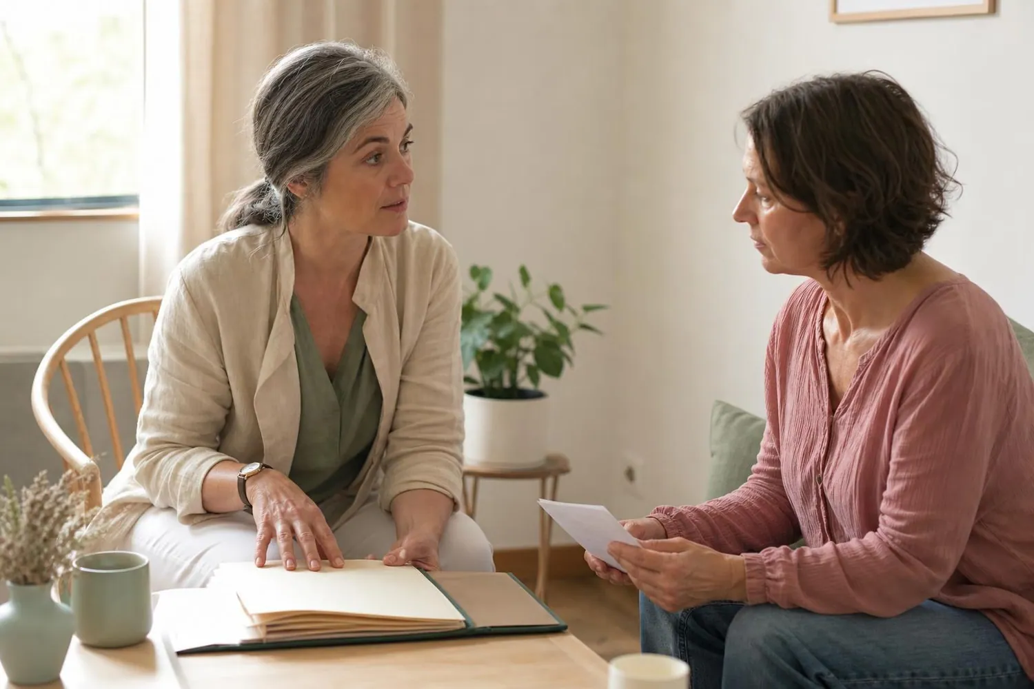 Sage-femme libérale d’une cinquantaine d’années assise face à une patiente dans un cabinet clair, un classeur de fiches ouvert sur la table basse entre elles