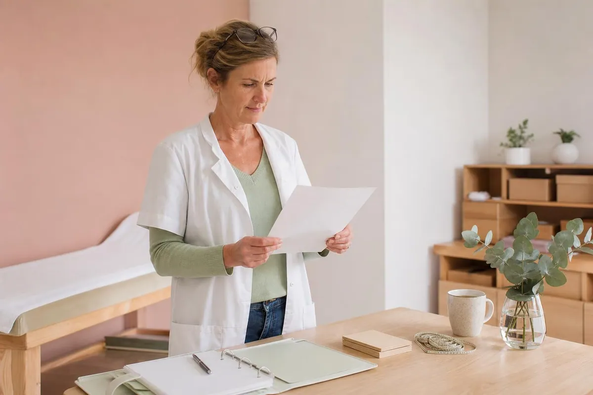 Sage-femme libérale debout devant sa table de travail, relisant une synthèse imprimée avant une consultation, intercalaires verts et fiches crème posés à côté
